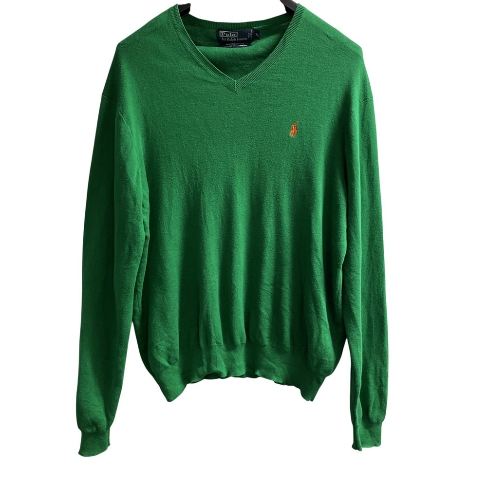 Polo Ralph Lauren Sweater Kelly Green Pima Cotton Pullover V Neck Mens XL Preppy